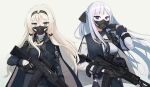  2girls ak-12 ak-12_(girls&#039;_frontline) an-94 an-94_(girls&#039;_frontline) assault_rifle black_gloves blonde_hair braid breasts closed_eyes dlarudgml21 french_braid girls&#039;_frontline gloves green_eyes gun highres holding holding_gun holding_weapon kalashnikov_rifle long_hair long_sleeves magazine_(weapon) mask medium_breasts mouth_mask multiple_girls purple_eyes reflex_sight rifle scope sidelocks sight silver_hair tactical_clothes weapon 