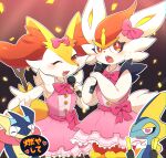  2boys 2girls animal_ear_fluff animal_ears animal_nose blue_skin blush body_fur bow bowtie braixen bright_pupils buttons chromatic_aberration cinderace closed_eyes clothed_pokemon collared_dress colored_skin commentary_request confetti cowboy_shot dress embarrassed fang flat_chest fox_ears fox_girl fox_tail frilled_dress frills fur_collar furry furry_female furry_male glowstick gradient gradient_background greninja hair_bow hands_up happy head_fins heart heart-shaped_pupils highres holding holding_glowstick holding_microphone idol inteleon light_rays long_tongue looking_away looking_to_the_side microphone multicolored_skin multiple_boys multiple_girls music nervous one_eye_closed open_mouth outline outstretched_arm own_hands_together partial_commentary pink_bow pink_bowtie pink_dress pokemon pokemon_(creature) rabbit_ears rabbit_girl rabbit_tail red_background red_eyes red_fur red_hair reptile_boy sash short_dress short_hair sideways_mouth simple_background singing skin_fang sleeveless sleeveless_dress smile snout speech_bubble spoken_heart standing stick subaru331 sweat symbol-shaped_pupils tail talking tongue tongue_out translation_request two-handed two-tone_skin upper_body white_fur white_outline white_pupils wide-eyed yellow_fur yellow_skin 