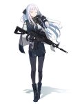  absurdres ak-12 ak-12_(girls&#039;_frontline) assault_rifle black_footwear black_gloves black_pants boots braid breasts closed_eyes dlarudgml21 french_braid girls&#039;_frontline gloves gun highres holding holding_gun holding_weapon kalashnikov_rifle long_hair long_sleeves magazine_(weapon) mask mask_around_neck medium_breasts pants reflex_sight rifle sidelocks sight silver_hair tactical_clothes weapon 