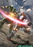  beam_saber bisected charging_forward cloud explosion fire gundam gundam_arsenal_base holding holding_sword holding_weapon mecha mobile_suit mobile_suit_gundam official_art open_hand rx-78-2 science_fiction shoulder_spikes sky spikes sword tory_youf v-fin weapon yellow_eyes zaku_ii zeon 
