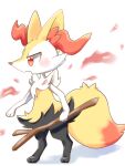  1girl animal_ear_fluff animal_ears animal_feet animal_hands animal_nose black_fur blush body_fur braixen commentary fang fire flat_chest fox_ears fox_girl fox_tail full_body fur_collar furry furry_female holding holding_stick jpeg_artifacts kana_(maple926) open_mouth pokemon pokemon_(creature) red_eyes simple_background skin_fang snout solo standing stick tail white_background white_fur yellow_fur 