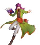  1boy :d bangs black_shirt book boots brown_footwear coat fire_emblem fire_emblem:_the_binding_blade fire_emblem_heroes green_coat hairband highres holding holding_book hugh_(fire_emblem) ichibi long_hair long_sleeves looking_at_viewer male_focus non-web_source official_art open_clothes open_coat pants purple_eyes purple_hair red_sash sash shirt smile solo transparent_background white_pants 