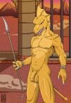  anthro athletic athletic_anthro athletic_male balls biceps casual_nudity claws deltoids detailed_background flaccid foreskin forsen genitals holding_object holding_weapon humanoid_hands male navel nipples nude open_mouth pecs penis red_eyes scar smile solo solo_focus teeth tongue triceps unspecific_species v-cut weapon yellow_balls yellow_body 