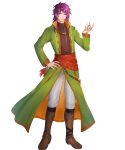  1boy bangs black_shirt boots brown_footwear coat fire_emblem fire_emblem:_the_binding_blade fire_emblem_heroes full_body green_coat hairband hand_up highres hugh_(fire_emblem) ichibi long_hair long_sleeves looking_at_viewer male_focus non-web_source official_art open_clothes open_coat pants purple_eyes purple_hair red_sash sash shirt smile solo standing transparent_background white_pants 