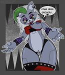  &lt;3 2022 animatronic anthro areola arms_out armwear bedroom_eyes bodily_fluids bottomwear bottomwear_down bracelet breasts canid canine canis claws clothed clothing colored dialogue ear_piercing english_text facial_markings fangs female five_nights_at_freddy&#039;s five_nights_at_freddy&#039;s:_security_breach furnut genital_fluids genitals hair head_markings hi_res jewelry jupiterorange long_hair machine mammal markings narrowed_eyes nipples one_breast_out pants pants_down partially_clothed piercing pussy pussy_juice robot roxanne_wolf_(fnaf) scottgames seductive signature smile solo speech_bubble spiked_bracelet spikes text video_games wolf 