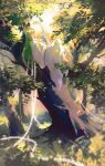  1other absurdres ambiguous_gender androgynous bangs barefoot chain chinese_commentary enkidu_(fate) fate/grand_order fate/strange_fake fate_(series) grass green_eyes green_hair highres holding holding_leaf in_tree leaf light_green_hair long_hair long_sleeves looking_at_object robe shulanbiande sitting sitting_in_tree solo toga tree type-moon very_long_hair white_robe 