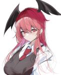  1girl bangs black_vest breasts closed_mouth eyebrows_visible_through_hair hair_between_eyes head_wings itsudatte_8ban koakuma large_breasts light_blush light_smile long_hair looking_at_viewer necktie one-hour_drawing_challenge red_eyes red_hair red_necktie shirt simple_background sketch solo touhou upper_body vest white_background white_shirt wing_collar 