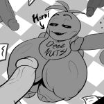  2022 animatronic anthro areola avian balls beakless bib big_breasts bird breasts chicken digital_media_(artwork) english_text erection exclamation_point female five_nights_at_freddy&#039;s five_nights_at_freddy&#039;s_2 galliform gallus_(genus) gangbang genitals group group_sex half-closed_eyes huge_breasts hyper hyper_breasts machine male monochrome narrowed_eyes nipples non-mammal_breasts open_mouth penis phasianid robot scottgames sex teeth text toy_chica_(fnaf) video_games yeehawt0wn 
