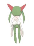  ambiguous_gender blush bodily_fluids bottomwear clothed clothing clothing_lift featureless_crotch green_body green_hair hair hair_over_eyes hi_res humanoid kirlia nintendo not_furry on_model pok&eacute;mon pok&eacute;mon_(species) simple_background skirt skirt_lift solo standing sweat video_games youjomodoki young 