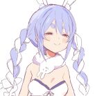  1girl :&gt; animal_ear_fluff animal_ears bangs blue_hair blush braid breasts bunny dress fur_scarf half-closed_eyes hibimegane hololive long_hair multicolored_hair rabbit_ears red_eyes short_eyebrows simple_background sketch smile smug solo strapless strapless_dress twin_braids upper_body usada_pekora very_long_hair virtual_youtuber white_background white_dress white_hair 