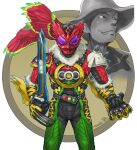  1boy alternate_universe animal_hands animal_print another_ooo_(zi-o) another_rider_(zi-o) belt bird bird_wings bug claws clenched_teeth commentary_request creature dan_kuroto evil_eyes evil_grin evil_smile feathered_wings feathers fighting_stance fur_trim grasshopper green_eyes grin hawk head_wings helmet highres holding holding_weapon huujyu jungle kamen_rider kamen_rider_zi-o_(series) monster nature purple_eyes smile solo studded_belt sword teeth tiger tiger_print weapon wings 