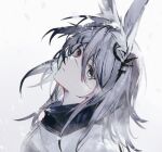  1girl animal_ear_fluff animal_ears arknights cheonyeon-hi coat ear_ornament expressionless frostnova_(arknights) grey_eyes grey_hair hair_between_eyes hair_ornament hairclip head_tilt highres long_hair looking_at_viewer messy_hair rabbit_ears scar scar_on_face scar_on_nose simple_background solo white_background white_coat 