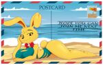  anthro beach bigdon1992 breasts cleavage clothed clothing female fur lagomorph leporid mammal nipple_outline rabbit seaside solo swimwear yellow_body yellow_fur 