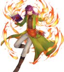  1boy bangs black_shirt book boots brown_footwear coat fire fire_emblem fire_emblem:_the_binding_blade fire_emblem_heroes green_coat hairband highres holding holding_book hugh_(fire_emblem) ichibi long_hair long_sleeves looking_at_viewer male_focus non-web_source official_art open_clothes open_coat pants purple_eyes purple_hair red_sash sash shirt solo transparent_background white_pants 