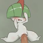  abdominal_bulge blush bodily_fluids cum cum_in_pussy cum_inside duo ejaculation erection female female_focus genital_fluids green_hair hair hair_over_eyes hi_res human humanoid interspecies male male/female mammal nintendo not_furry on_model open_mouth pok&eacute;mon pok&eacute;mon_(species) pok&eacute;philia questionable_consent ralts simple_background solo_focus video_games white_body white_skin youjomodoki young 
