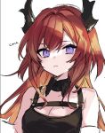  1girl :&lt; arknights artist_name black_collar black_dress breasts cleavage collar conallixxc demon_horns detached_collar dress hair_ornament highres horns large_breasts long_hair looking_at_viewer purple_eyes red_hair simple_background sketch solo surtr_(arknights) upper_body white_background 
