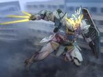  beam_saber beginning_gundam between_fingers charging_forward glowing glowing_eye grey_background gundam gunpla_builders_beginning_g highres mecha mecha_kaku_man motion_blur no_humans shield v-fin 