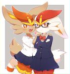  2girls absurdres alternate_color animal_ears animal_feet black-framed_eyewear blue_jacket blue_skirt blush body_fur border bow bowtie bright_pupils brown_fur buck_teeth buttons cheek-to-cheek chromatic_aberration closed_mouth clothed_pokemon collared_shirt commentary_request cowboy_shot crossed_arms flat_chest furry furry_female glasses grey_background hands_on_another&#039;s_shoulders hands_up happy heads_together heart highres jacket leg_up long_sleeves looking_at_viewer looking_away looking_to_the_side miniskirt multiple_girls one_eye_closed open_mouth orange_fur orange_hair outline outside_border partial_commentary pleated_skirt pocket pokemon pokemon_(creature) rabbit_ears rabbit_girl rabbit_tail red_bow red_bowtie red_eyes red_fur red_hair school_uniform scorbunny semi-rimless_eyewear shiny_pokemon shirt short_hair short_sleeves simple_background skirt smile standing standing_on_one_leg striped striped_bow striped_bowtie subaru331 tail teeth unmoving_pattern white_border white_fur white_outline white_pupils white_shirt 