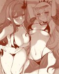  2girls armpits arms_behind_head arms_up bangs bare_shoulders bikini bracelet braid breasts choker cleavage collarbone earrings fairy_knight_tristan_(fate) fate/grand_order fate_(series) french_braid goggles goggles_on_head greyscale grin highres jewelry large_breasts long_hair looking_at_viewer lying m-da_s-tarou monochrome morgan_le_fay_(fate) multiple_girls navel on_back open_mouth pointy_ears ponytail sidelocks smile sweat swimsuit thighs tiara very_long_hair wrist_cuffs 