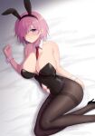  1girl animal_ears bare_shoulders bed_sheet between_breasts black_footwear black_legwear black_leotard blush breasts closed_mouth clothing_cutout commentary commission detached_collar fate/grand_order fate_(series) feet_out_of_frame hair_over_one_eye handa_guryu high_heels large_breasts leotard looking_at_viewer lying mash_kyrielight navel navel_cutout necktie necktie_between_breasts on_side pantyhose pink_hair playboy_bunny purple_eyes rabbit_ears red_necktie short_hair skeb_commission solo wrist_cuffs 