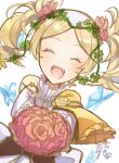  1girl blonde_hair bug butterfly closed_eyes dress fire_emblem fire_emblem_awakening fire_emblem_heroes flower hair_flower hair_ornament highres lissa_(fire_emblem) official_alternate_costume open_mouth solo teeth twintails upper_body upper_teeth white_background yukimiyuki 