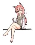  1girl animal_ears bags_under_eyes bare_legs barefoot breasts cat_ears classic7 cleavage coffee_mug crossed_legs cup english_commentary eyebrows_visible_through_hair fake_animal_ears feet full_body girls&#039;_frontline highres holding holding_cup labcoat long_hair looking_at_viewer medium_breasts mug off_shoulder parted_lips persica_(girls&#039;_frontline) pink_hair red_eyes simple_background sitting smile solo toes white_background 