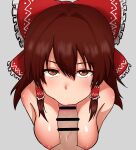  1boy 1girl absurdres bangs bar_censor bow breasts brown_eyes brown_hair censored completely_nude eyebrows_visible_through_hair fellatio frilled_bow frilled_hair_tubes frills from_above grey_background hair_between_eyes hair_bow hair_tubes hakurei_reimu hetero highres large_breasts light_blush long_hair looking_at_viewer nipples nude oral penis pov red_bow sidelocks simple_background solo_focus touhou upturned_eyes vanishingknife 