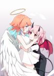  2girls absurdres angel angel_and_devil angel_wings black_wings contrast demon demon_girl demon_horns demon_tail earrings feather_earrings feathered_wings feathers gradient_hair halo highres hololive hololive_english horns jewelry mori_calliope multicolored_hair multiple_girls namii_(namialus_m) orange_hair pink_hair tail takanashi_kiara virtual_youtuber white_wings wings yuri 