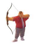  2022 3:4 anthro bottomwear bow_(weapon) clothing hi_res humanoid_hands lentejota6 male mammal one_eye_closed overweight overweight_male pants ranged_weapon shirt simple_background solo suid suina sus_(pig) topwear weapon white_background wild_boar 