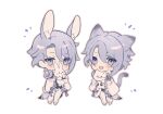  1boy :d animal animal_ears bangs blue_eyes blue_skirt blush cat cat_ears chibi coattails commentary fang formal genshin_impact holding holding_animal holding_bunny holding_cat jacket kamisato_ayato kemonomimi_mode looking_at_viewer male_focus notice pants rabbit_ears ribbon-trimmed_sleeves ribbon_trim riiichi5 shoes simple_background skirt smile suit white_background white_footwear white_jacket white_pants wide_sleeves 