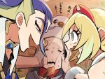  1boy 2girls 3737-3737 adaman_(pokemon) akari_(pokemon) blonde_hair blue_eyes blue_hair cheek_squash eating hand_on_another&#039;s_face irida_(pokemon) multicolored_hair multiple_girls oshawott pokemon pokemon_(creature) pokemon_(game) pokemon_legends:_arceus short_hair smile sweatdrop 