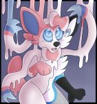  ambiguous_gender anthro black_body black_nose blue_inner_ear blue_markings blush blush_lines bow cheek_tuft cute_fangs eeveelution facial_tuft featureless_crotch fur gloves_(marking) goo_dripping goo_transformation grey_background grey_body hi_res icefire markings mind_control nintendo pink_body pink_tongue pok&eacute;mon pok&eacute;mon_(species) ribbons simple_background solo spiral_eyes sylveon takum tongue transformation tuft video_games white_body white_fur 