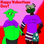  1:1 absurd_res animatronic anthro belly big_belly bodily_fluids canid canine canis cum cum_inflation duo genital_fluids hand_holding hand_on_stomach hi_res holidays inflation machine male male/male mammal matching_outfits matching_shirts mortality_(the_walten_files) riley_the_wolf_(youtube) robot unknown_artist valentine&#039;s_day wolf 