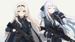  2girls ak-12 ak-12_(girls&#039;_frontline) an-94 an-94_(girls&#039;_frontline) assault_rifle black_gloves blonde_hair braid breasts closed_eyes dlarudgml21 french_braid girls&#039;_frontline gloves green_eyes gun highres holding holding_gun holding_weapon kalashnikov_rifle long_hair long_sleeves magazine_(weapon) mask mask_around_neck medium_breasts multiple_girls reflex_sight rifle scope sidelocks sight silver_hair tactical_clothes weapon 