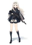  1girl absurdres an-94 an-94_(girls&#039;_frontline) assault_rifle black_footwear black_gloves blonde_hair boots dlarudgml21 full_body girls&#039;_frontline gloves green_eyes gun highres holding holding_gun holding_weapon kalashnikov_rifle long_hair long_sleeves magazine_(weapon) mask mask_around_neck rifle scope sidelocks solo standing tactical_clothes weapon 