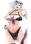  1girl absurdres arm_strap ass_visible_through_thighs bangs bikini breasts cleavage cowboy_shot crossed_bangs eyewear_on_head green_eyes highleg highleg_bikini highres hololive kos-owl large_breasts long_hair navel shirogane_noel skindentation sunglasses swimsuit thigh_strap white_hair 