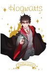  1boy bandage_on_face bandages black_hair cape character_name child cloak crossover green_eyes gryffindor harry_potter_(series) hogwarts_school_uniform jojo_no_kimyou_na_bouken jonathan_joestar male_focus necktie phantom_blood school_uniform sobi_(dnenqkswja) solo wand younger 