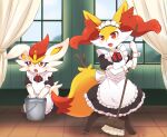  2girls absurdres animal_ear_fluff animal_ears animal_feet animal_hands animal_nose apron black_dress black_fur blue_sky blush body_fur braixen buck_teeth bucket chromatic_aberration cinderace cleaning clothed_pokemon collared_dress commentary_request curtains day dress embarrassed fang flat_chest fox_ears fox_girl fox_tail frilled_apron frilled_dress frills full_body furry furry_female hands_up happy highres holding holding_mop indoors kneeling legs_apart looking_down looking_to_the_side maid maid_apron maid_headdress mop multiple_girls neck_ribbon open_mouth outline partial_commentary pokemon pokemon_(creature) puffy_short_sleeves puffy_sleeves rabbit_ears rabbit_girl rabbit_tail red_eyes red_fur red_hair red_ribbon ribbon short_hair short_sleeves skin_fang sky smile standing stick subaru331 tail teeth water white_apron white_fur window wrist_cuffs yellow_fur 