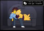  absurd_res alphys anthro blush buckteeth clothed clothing duo english_text eyewear female frisk_(undertale) glasses hi_res human male male/female mammal simple_background sylverow0 teeth text undertale undertale_(series) video_games 