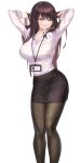  1girl absurdres black_hair black_skirt brown_eyes collared_shirt highres office_lady orchid_(pixiv3730518) original pantyhose pencil_skirt shirt skirt solo white_background white_shirt 