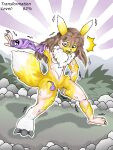  3_toes bandai_namco bodily_fluids breasts brown_hair digimon digimon_(species) english_text featureless_crotch feet female fur grass hair hi_res human looking_down mammal outside plant plushdragon renamon solo species_transformation standing surprise sweat text toes transformation yellow_body yellow_fur 