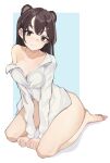  1girl bangs bare_shoulders barefoot bear bear_girl blush breasts brown_eyes brown_hair cleavage closed_mouth collarbone eyebrows_visible_through_hair hair_ornament hairclip highres large_breasts mayuree naked_shirt original seductive_smile shirt smile white_shirt 