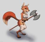  4_toes 5_fingers anthro axe barefoot battle_axe black_nose breasts canid canine digitigrade fangs feet female fingers fluffy fluffy_tail fox fur green_eyes grey_background grinding hi_res holding_object holding_weapon looking_at_viewer mammal masturbation melee_weapon orange_body orange_fur schmutzo shadow simple_background solo teeth toes tongue tongue_out weapon 
