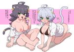  2girls absurdres ahoge all_fours animal_ear_fluff animal_ears bangs bare_shoulders barefoot bikini bikini_top_only black_bikini black_hair blush bottomless breasts cat_ears cat_girl cat_tail chocolate collarbone commentary crossed_legs ear_piercing eyebrows_visible_through_hair fang feet full_body green_eyes grey_hair hair_between_eyes highres large_breasts long_hair looking_at_viewer mole mole_under_eye mole_under_mouth multiple_girls naked_shirt ngetyan nose_blush off_shoulder open_clothes open_mouth open_shirt original partially_unbuttoned piercing renge_(ngetyan) ringe_(ngetyan) shirt short_hair short_sleeves simple_background sitting swimsuit tail tail_ornament tail_ring tongue tongue_out translated valentine white_shirt 