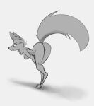  2021 anthro breasts butt canid canine digitigrade female fluffy fluffy_tail fox hi_res looking_back mammal monochrome neck_tuft nipples nude presenting schmutzo shadow simple_background smile solo tuft white_background 