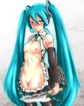  ao_usagi apron aqua_eyes aqua_hair blush breasts detached_sleeves embarrassed hatsune_miku knife long_hair parody pun pussy skirt small_breasts solo tears thighhighs too_literal twintails very_long_hair vocaloid 