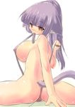  animal_ears ass belt blush breasts brown_eyes cat_ears cat_tail covered_nipples grey_hair huge_breasts kourourin long_hair looking_back original pussy see-through slingshot_swimsuit spread_legs swimsuit tail 