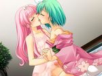  artist_request bow character_request closed_eyes copyright_request french_kiss green_hair hair_bow kiss long_hair multiple_girls pink_hair short_hair skirt yuri 