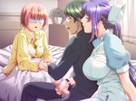  1boy 2girls bed blush breasts censored closed_eyes cum cum_on_clothes cumshot eyes_closed game_cg handjob happy_sex hospital hospital_bed ichikura_sakura large_breasts long_hair mihara_nagusa mosaic_censoring multiple_girls nagu_mihara nurse pajamas penis proud purple_hair red_hair short_hair smile stealth swindle 