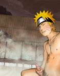  1boy abs artist_request bare_shoulders bathhouse blonde_hair blue_eyes blush cum erection headband jewelry male male_focus masturbation muscle naruto navel necklace night nipples nude onsen outdoors outside penis precum pubic_hair short_hair sitting sky solo steam sweat uncensored uzumaki_naruto water wink 